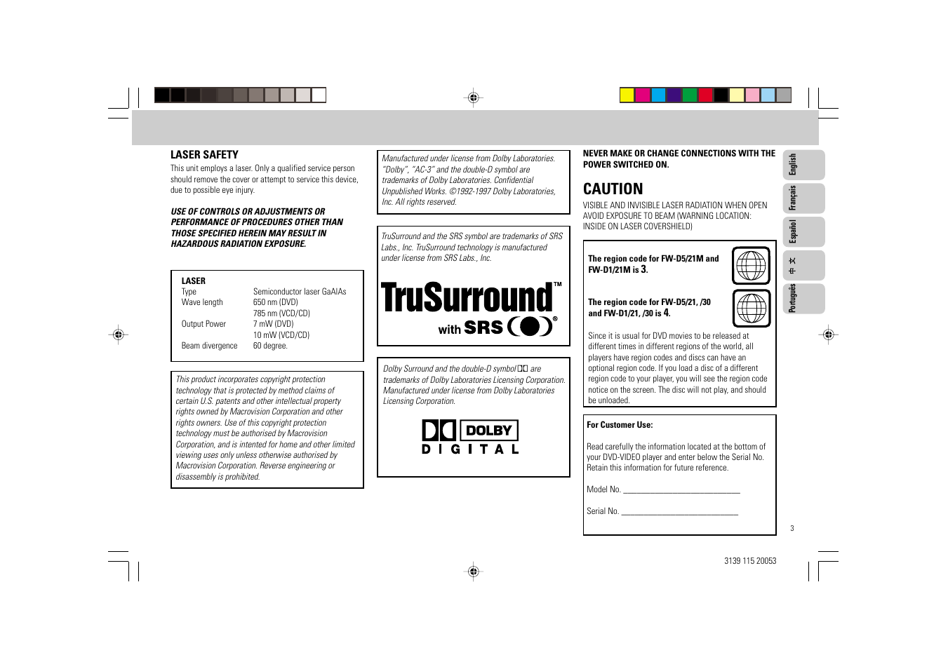Caution | Philips FW-D1 User Manual | Page 3 / 41
