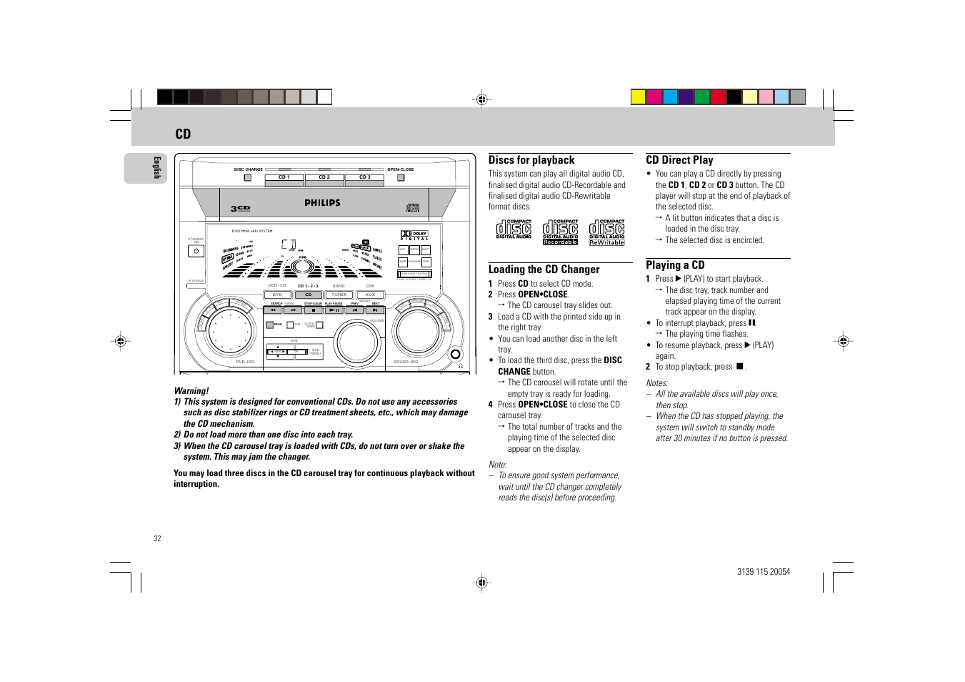 Discs for playback, Loading the cd changer, Cd direct play | Playing a cd, English | Philips FW-D1 User Manual | Page 32 / 41