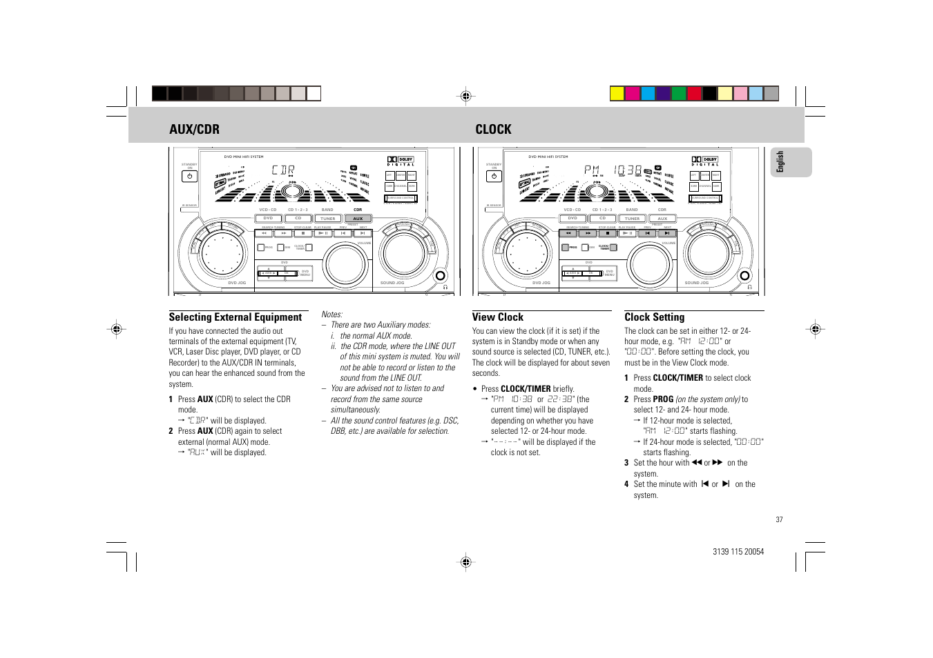 Aux/cdr clock, View clock, Clock setting | Selecting external equipment, English | Philips FW-D1 User Manual | Page 37 / 41