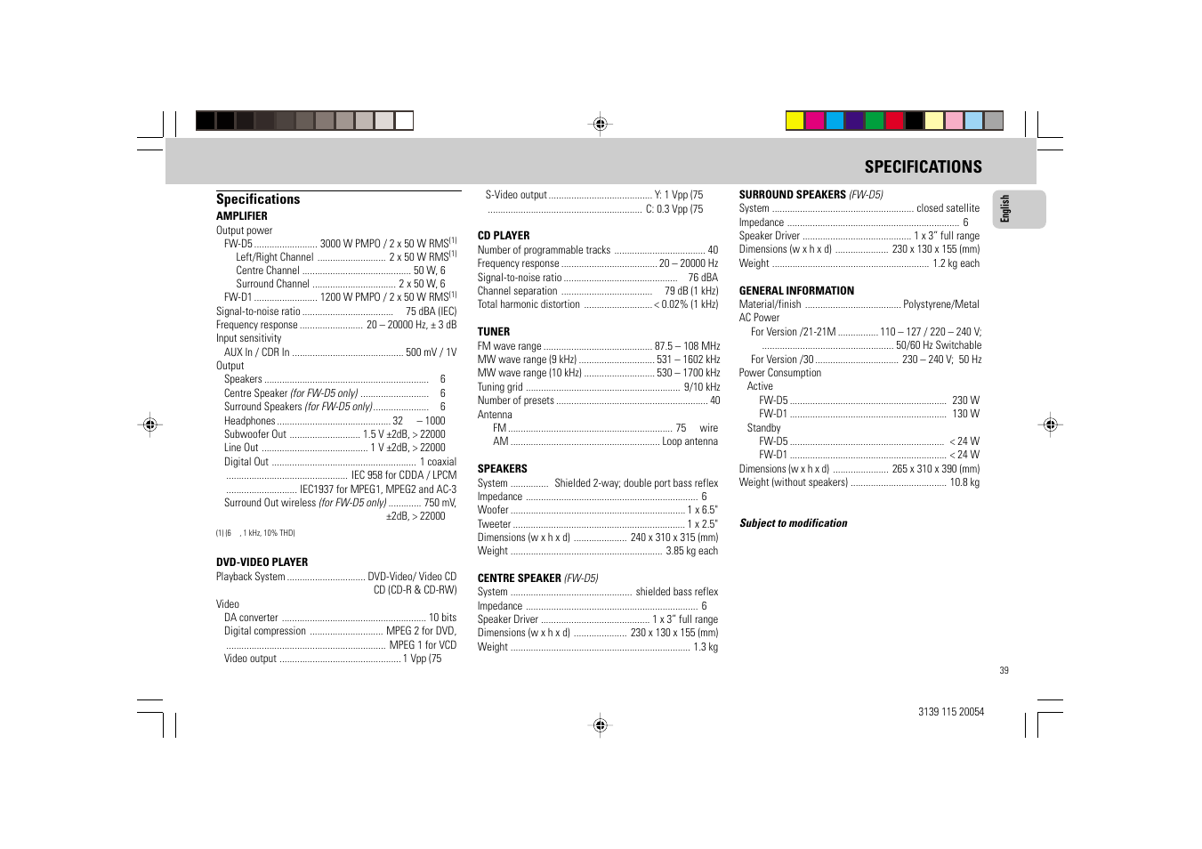 Specifications | Philips FW-D1 User Manual | Page 39 / 41