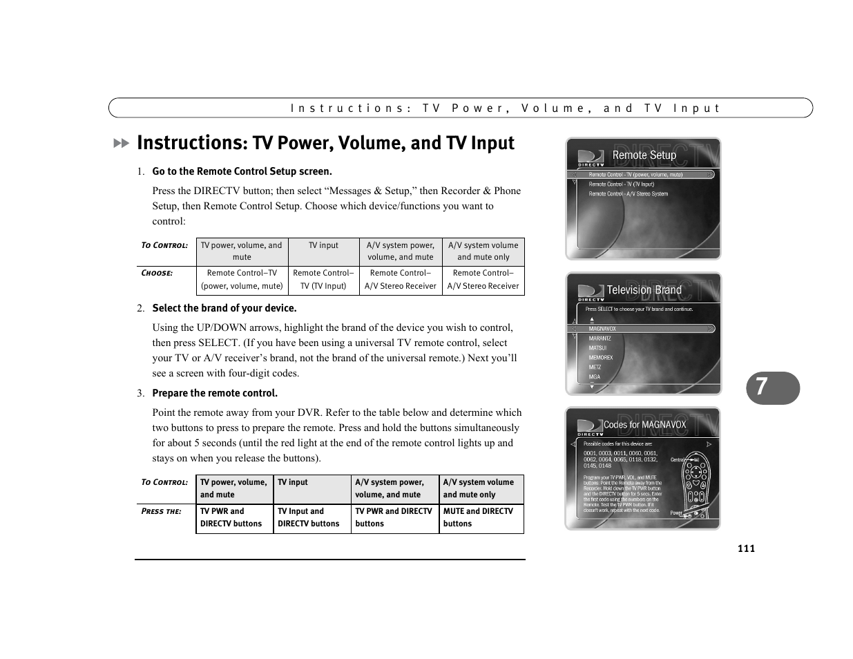 Instructions, Tv power, volume, and tv input | Philips DSR7000R/17 User Manual | Page 122 / 176