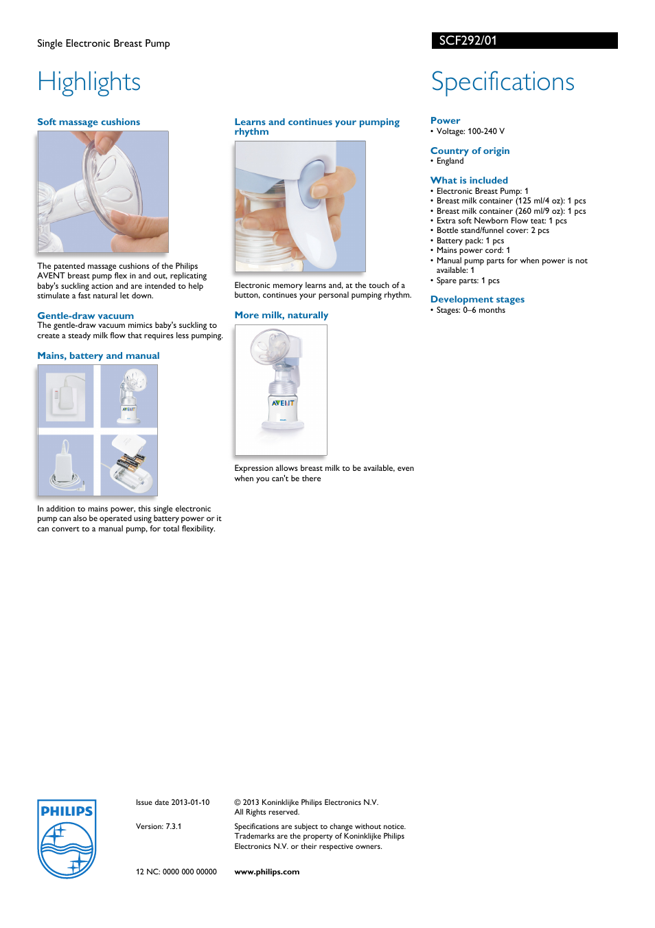 Highlights, Specifications | Philips SCF2901 User Manual | Page 2 / 2