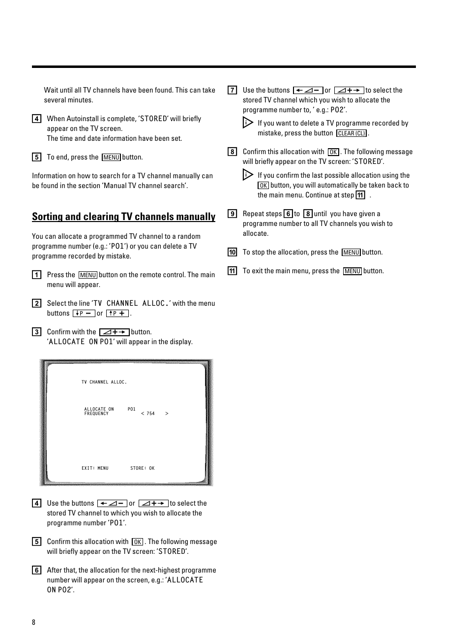 Sorting and clearing tv channels manually | Philips 14 PV 202 User Manual | Page 10 / 28