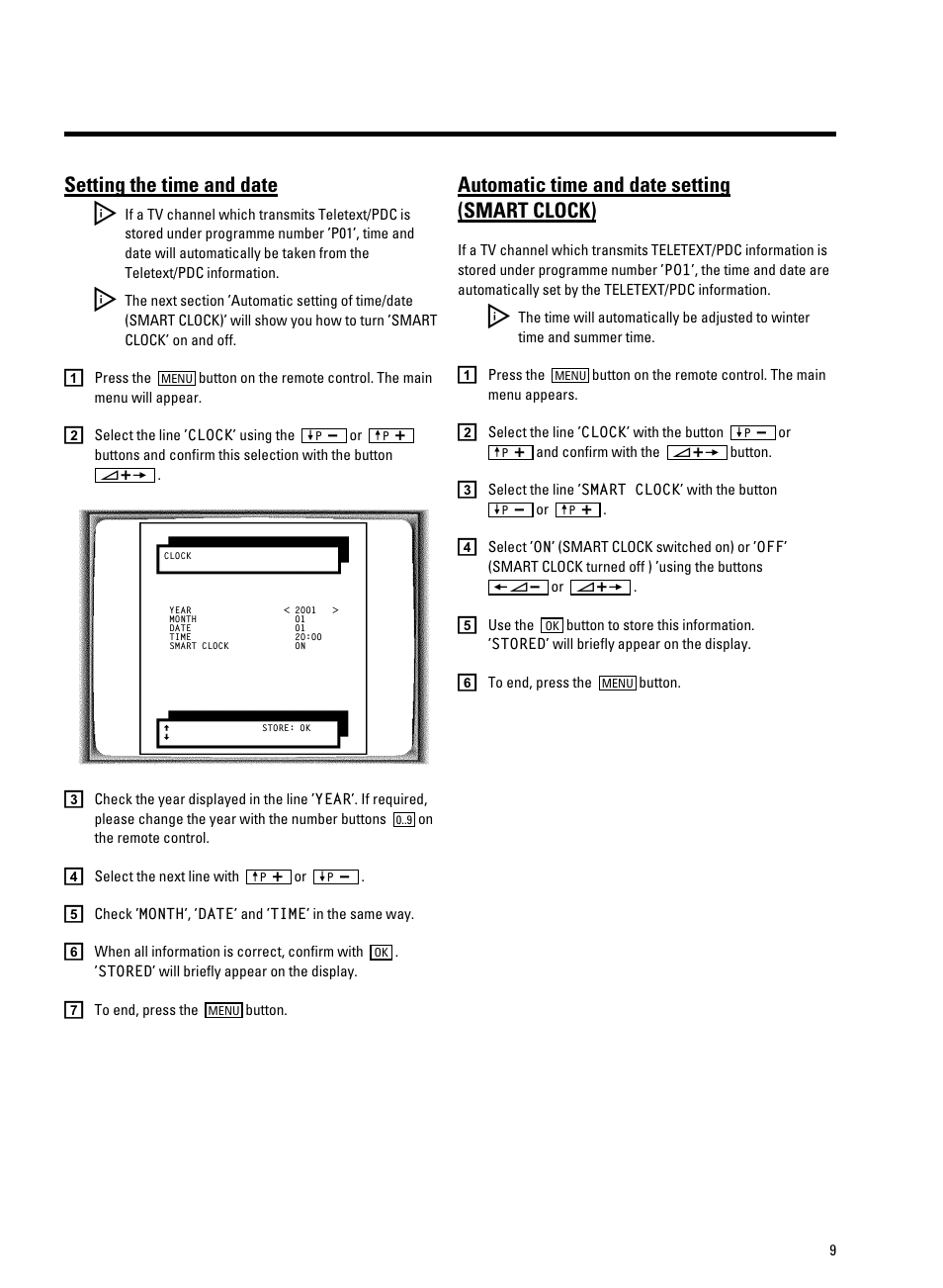 Setting the time and date, Automatic time and date setting (smart clock) | Philips 14 PV 202 User Manual | Page 11 / 28
