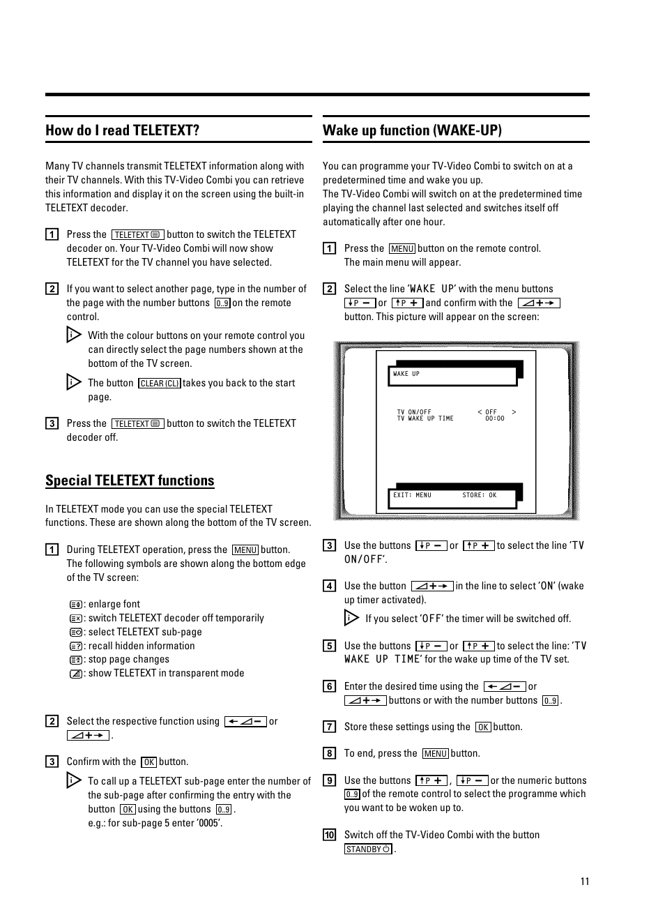 How do i read teletext, Wake up function (wake-up), Special teletext functions | Philips 14 PV 202 User Manual | Page 13 / 28