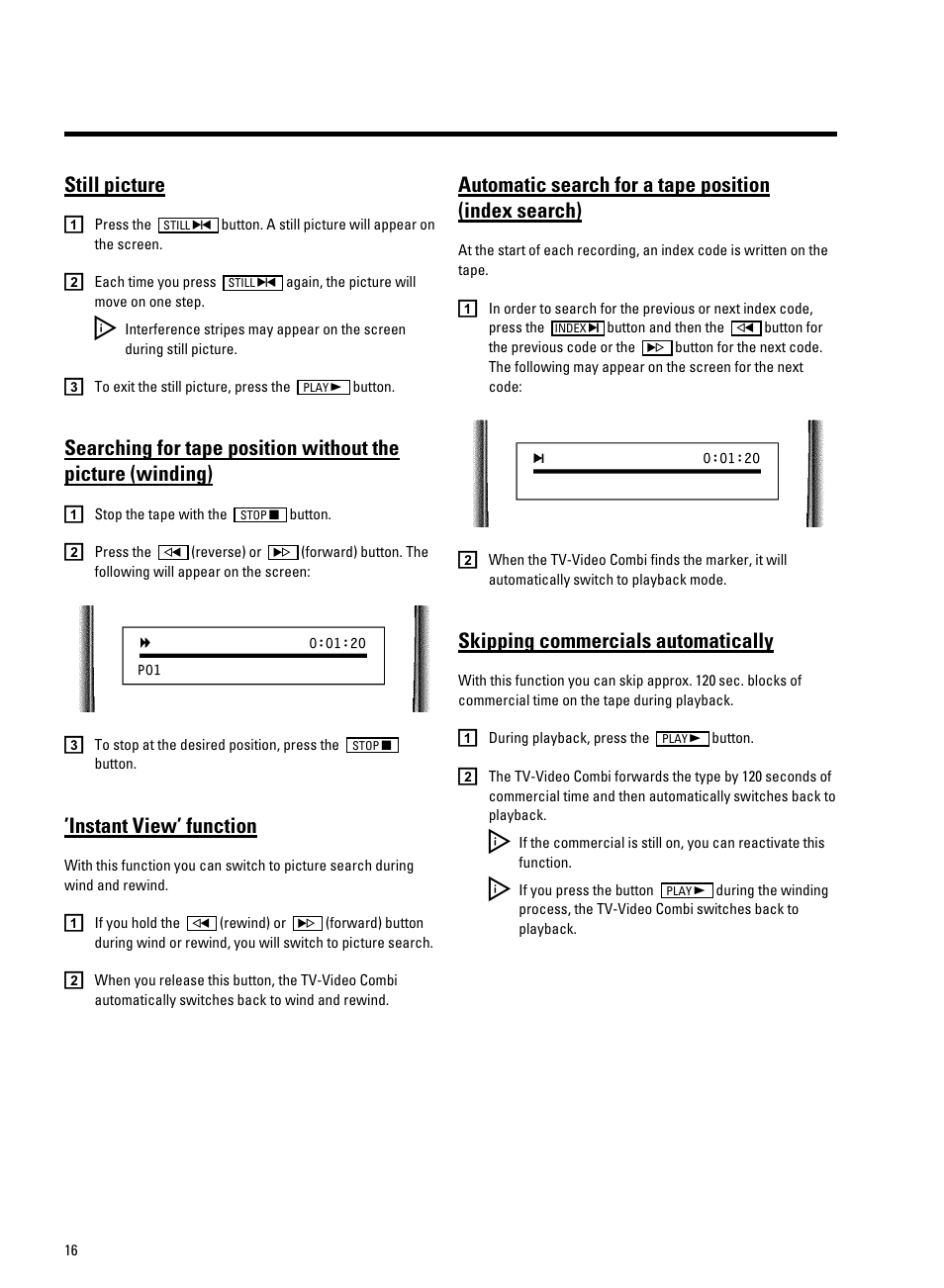 Still picture, Instant view’ function, Skipping commercials automatically | Philips 14 PV 202 User Manual | Page 18 / 28
