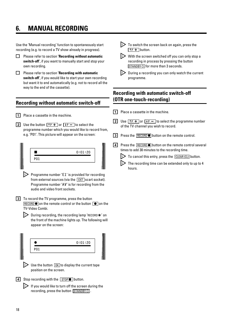 Manual recording, Recording without automatic switch-off | Philips 14 PV 202 User Manual | Page 20 / 28