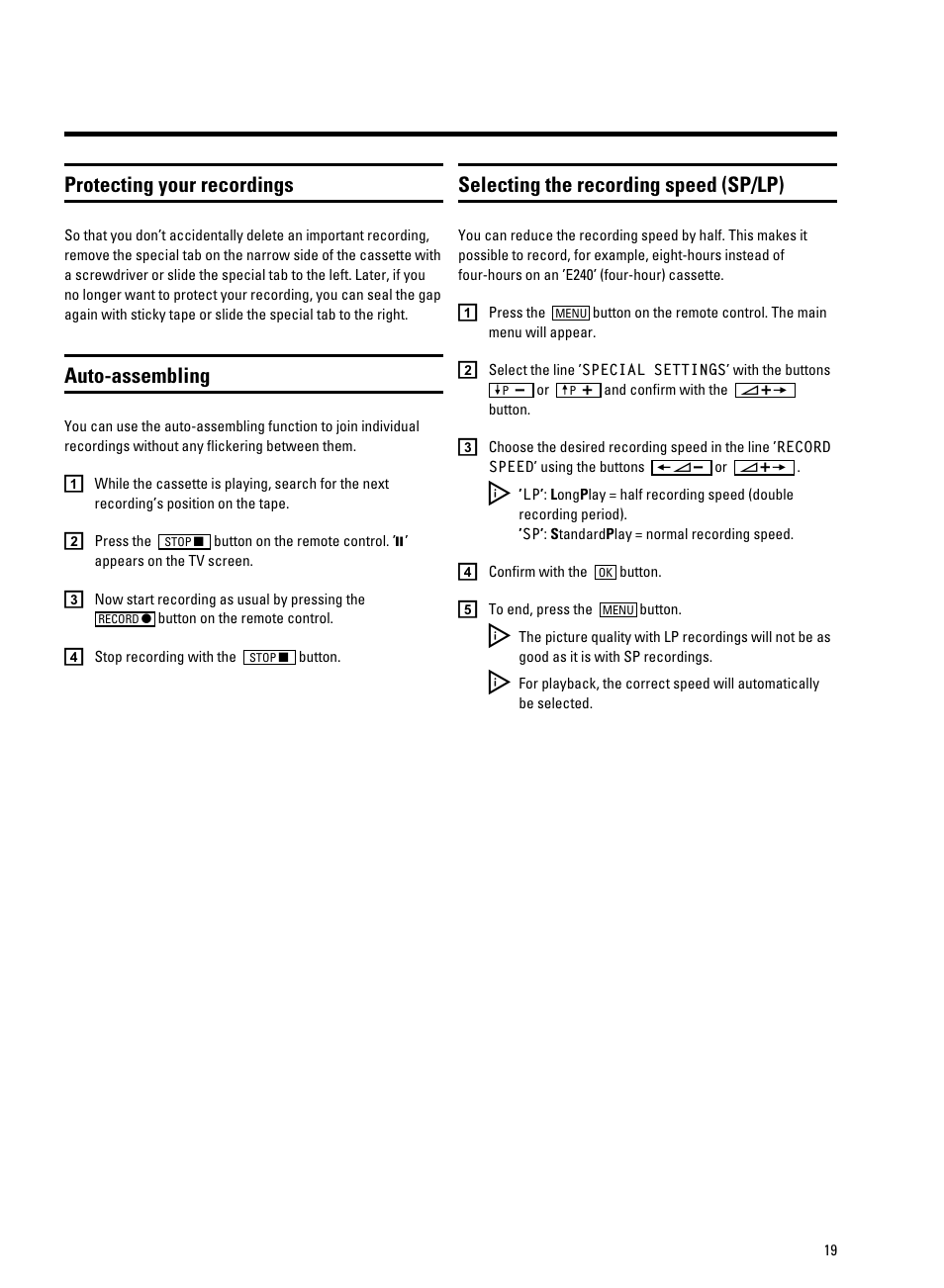 Protecting your recordings, Auto-assembling, Selecting the recording speed (sp/lp) | Philips 14 PV 202 User Manual | Page 21 / 28