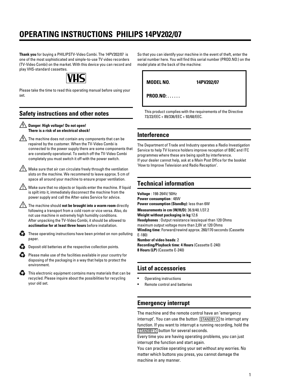 Interference, Technical information, List of accessories | Emergency interrupt | Philips 14 PV 202 User Manual | Page 4 / 28