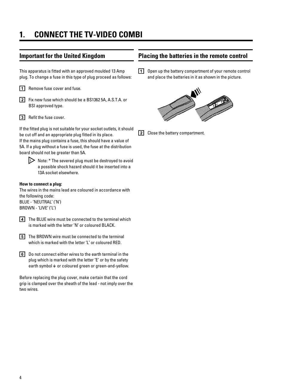 Connect the tv-video combi, Placing the batteries in the remote control, Important for the united kingdom | Philips 14 PV 202 User Manual | Page 6 / 28