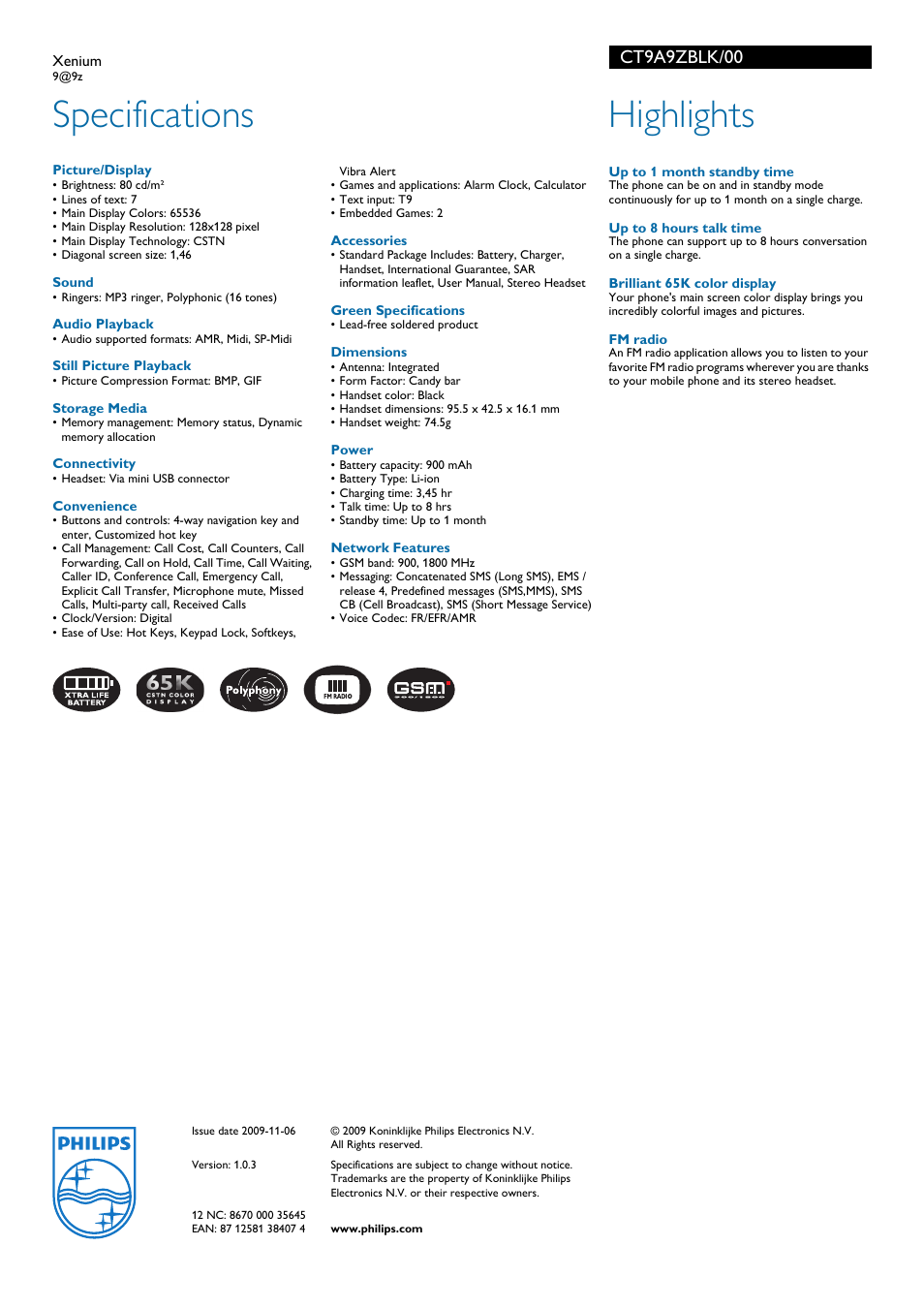 Specifications, Highlights, Ct9a9zblk/00 | Philips Xenium CT9A9ZBLK User Manual | Page 2 / 2