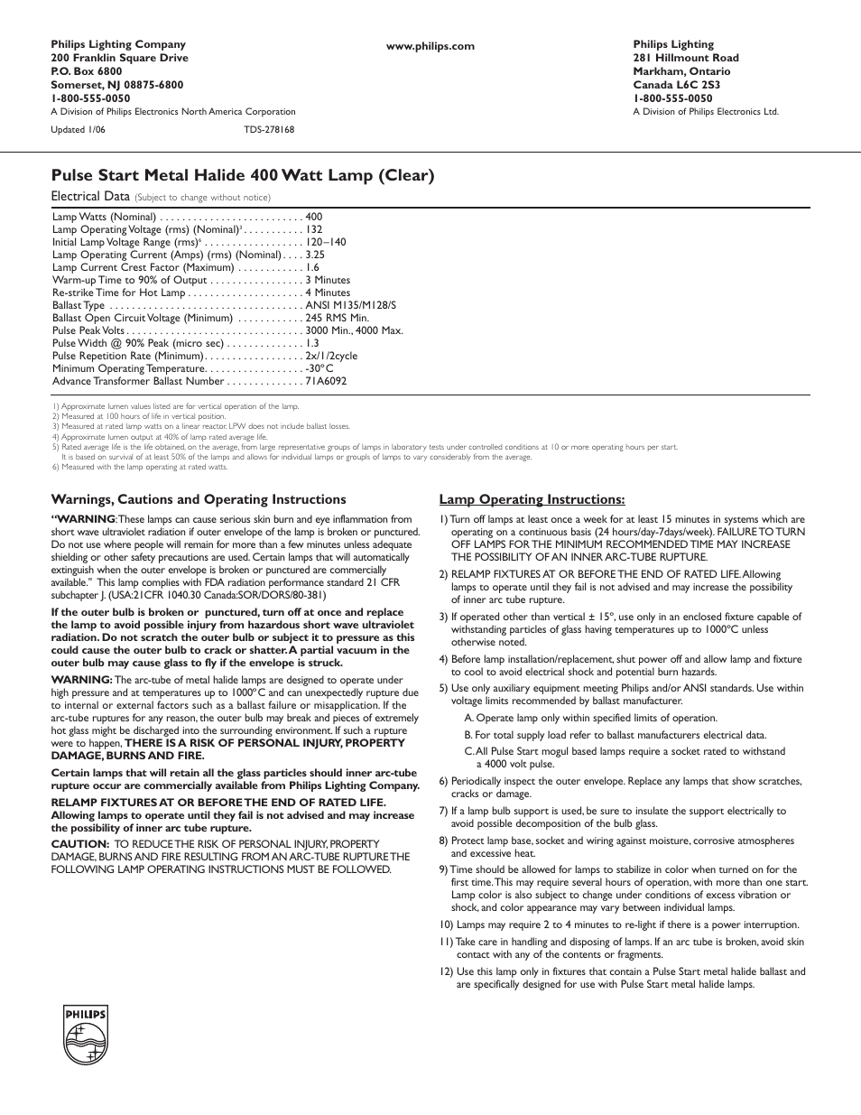 Pulse start metal halide 400 watt lamp (clear) | Philips 278168 User Manual | Page 2 / 2