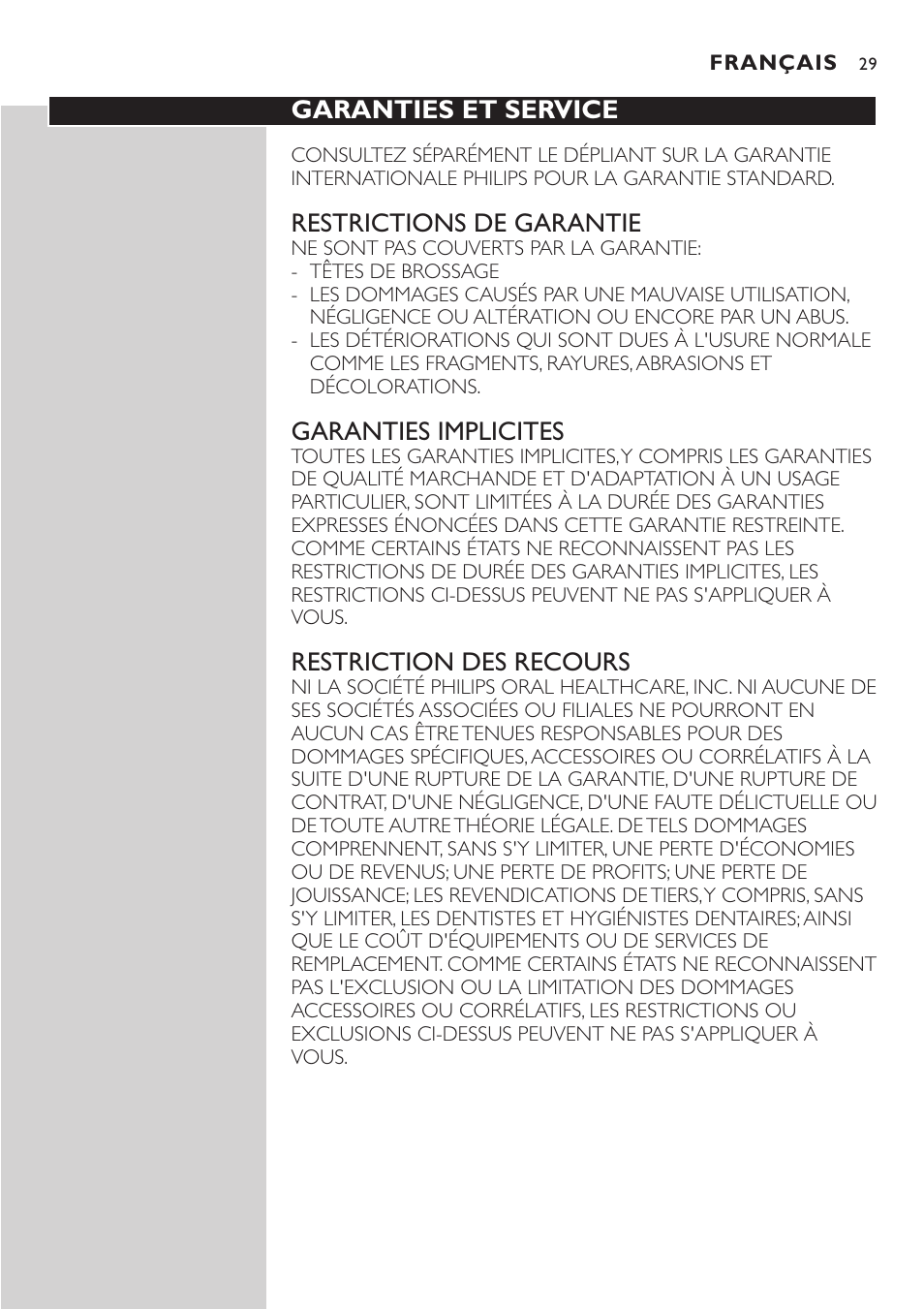 Garanties et service, Restrictions de garantie, Garanties implicites | Restriction des recours | Philips Sonicare e7000 Series User Manual | Page 29 / 48