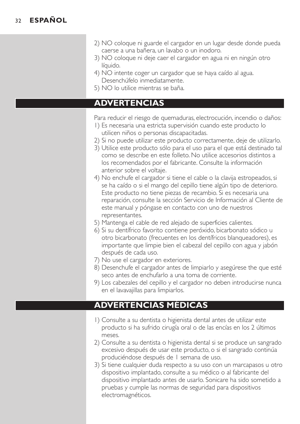 Advertencias, Advertencias médicas | Philips Sonicare e7000 Series User Manual | Page 32 / 48