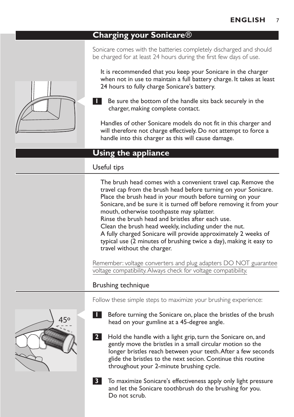 Charging your sonicare, Using the appliance | Philips Sonicare e7000 Series User Manual | Page 7 / 48