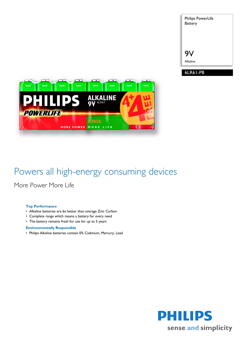 Philips PowerLife 6LR61-P8 User Manual | 2 pages