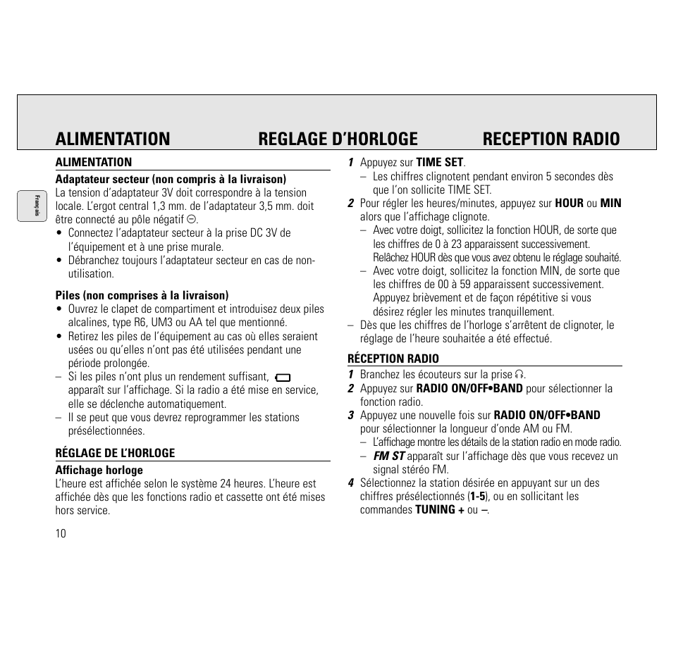 Alimentation reglage d’horloge reception radio | Philips AQ6691/00 User Manual | Page 10 / 71