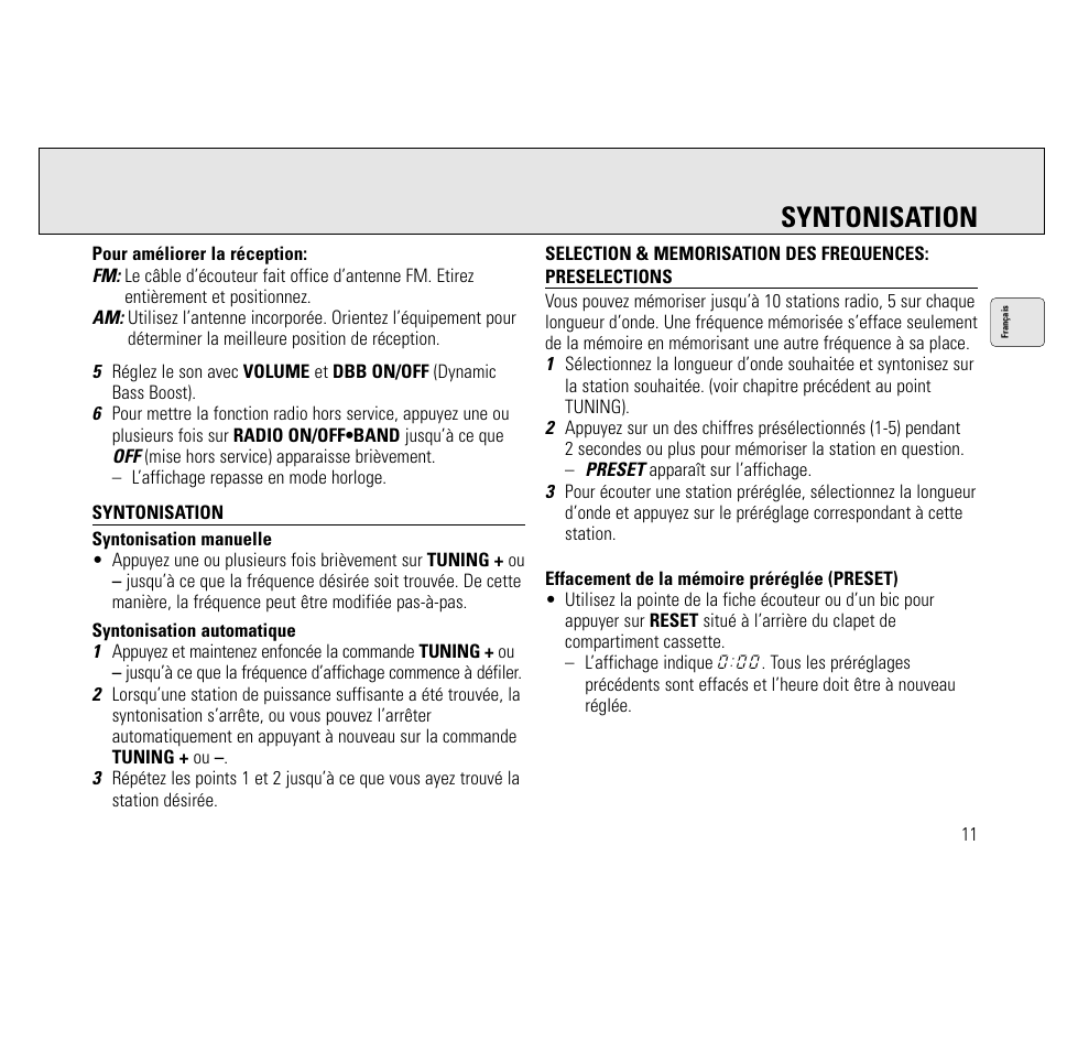 Syntonisation | Philips AQ6691/00 User Manual | Page 11 / 71