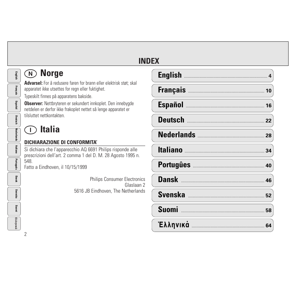 N norge, I italia, Index | English, Français, Español, Deutsch, Nederlands, Italiano, Portugûes | Philips AQ6691/00 User Manual | Page 2 / 71