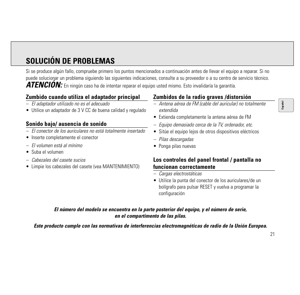 Atención, Solución de problemas | Philips AQ6691/00 User Manual | Page 21 / 71
