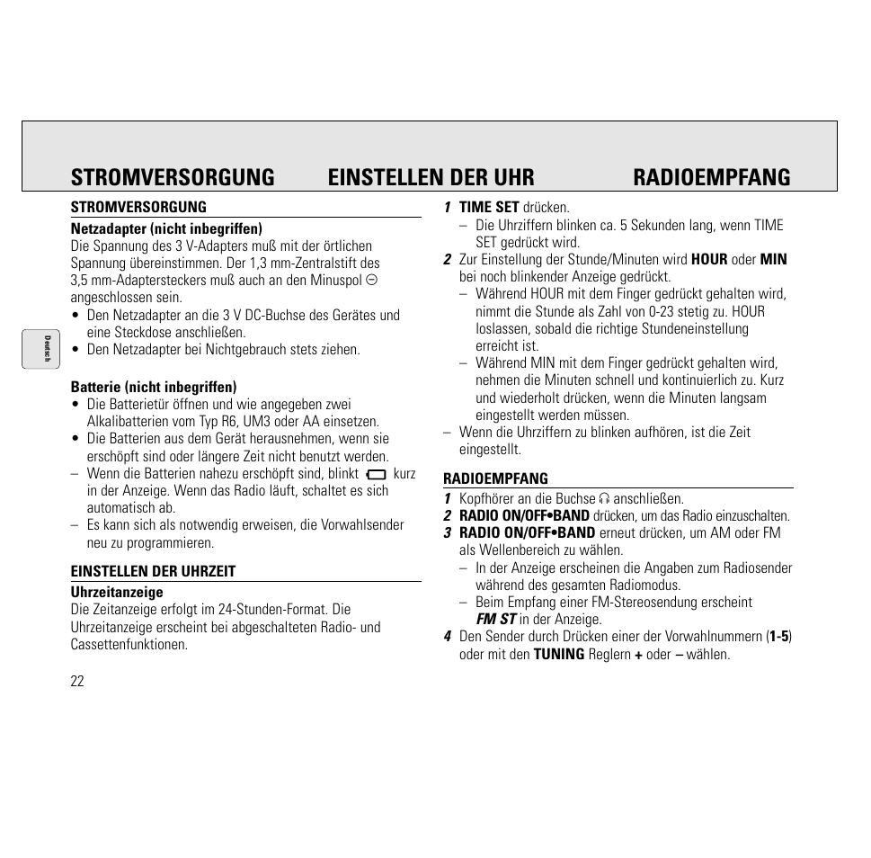 Stromversorgung einstellen der uhr radioempfang | Philips AQ6691/00 User Manual | Page 22 / 71