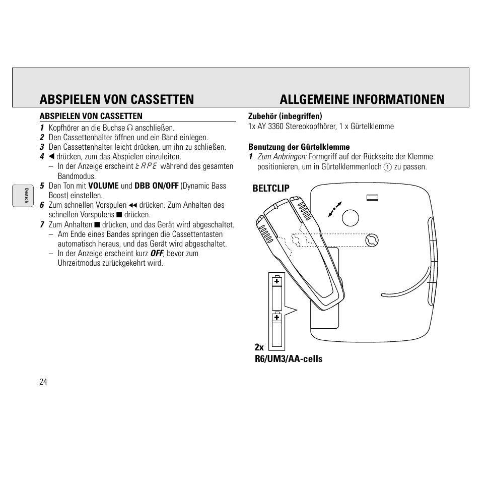 Abspielen von cassetten allgemeine informationen | Philips AQ6691/00 User Manual | Page 24 / 71