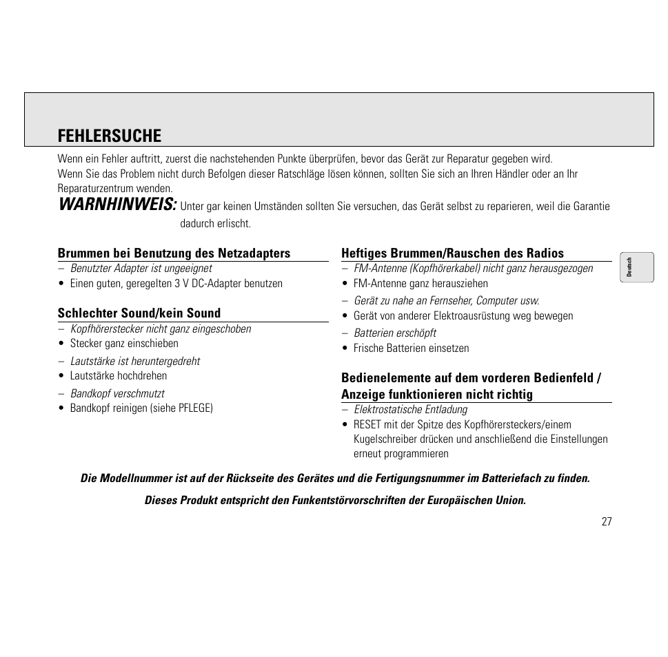 Warnhinweis, Fehlersuche | Philips AQ6691/00 User Manual | Page 27 / 71
