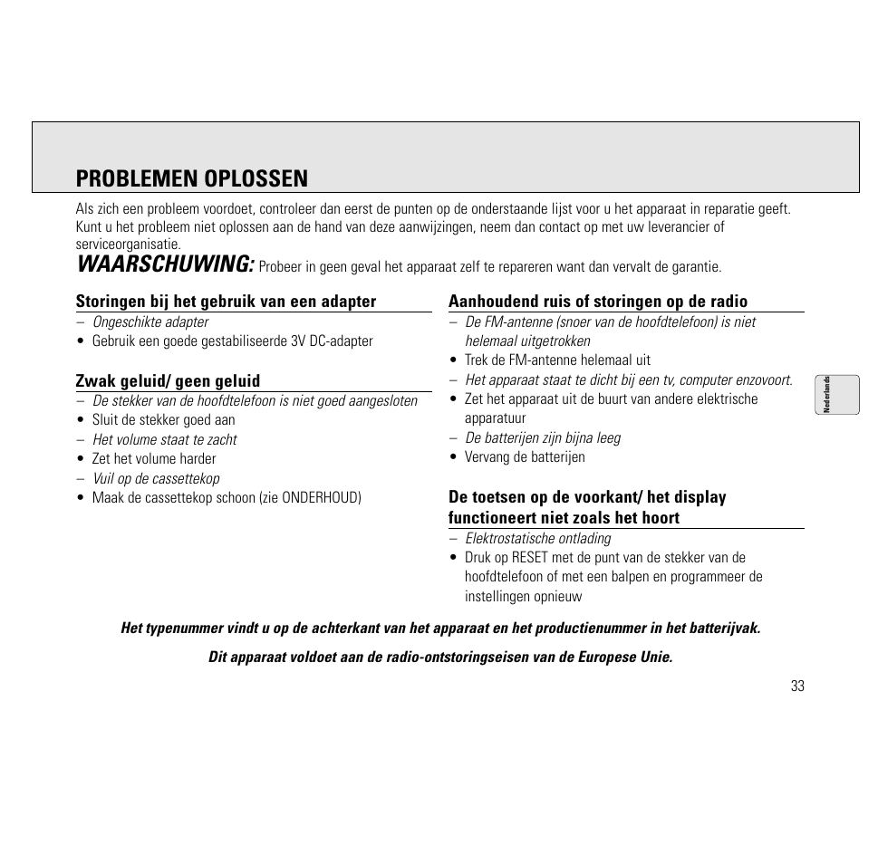 Waarschuwing, Problemen oplossen | Philips AQ6691/00 User Manual | Page 33 / 71