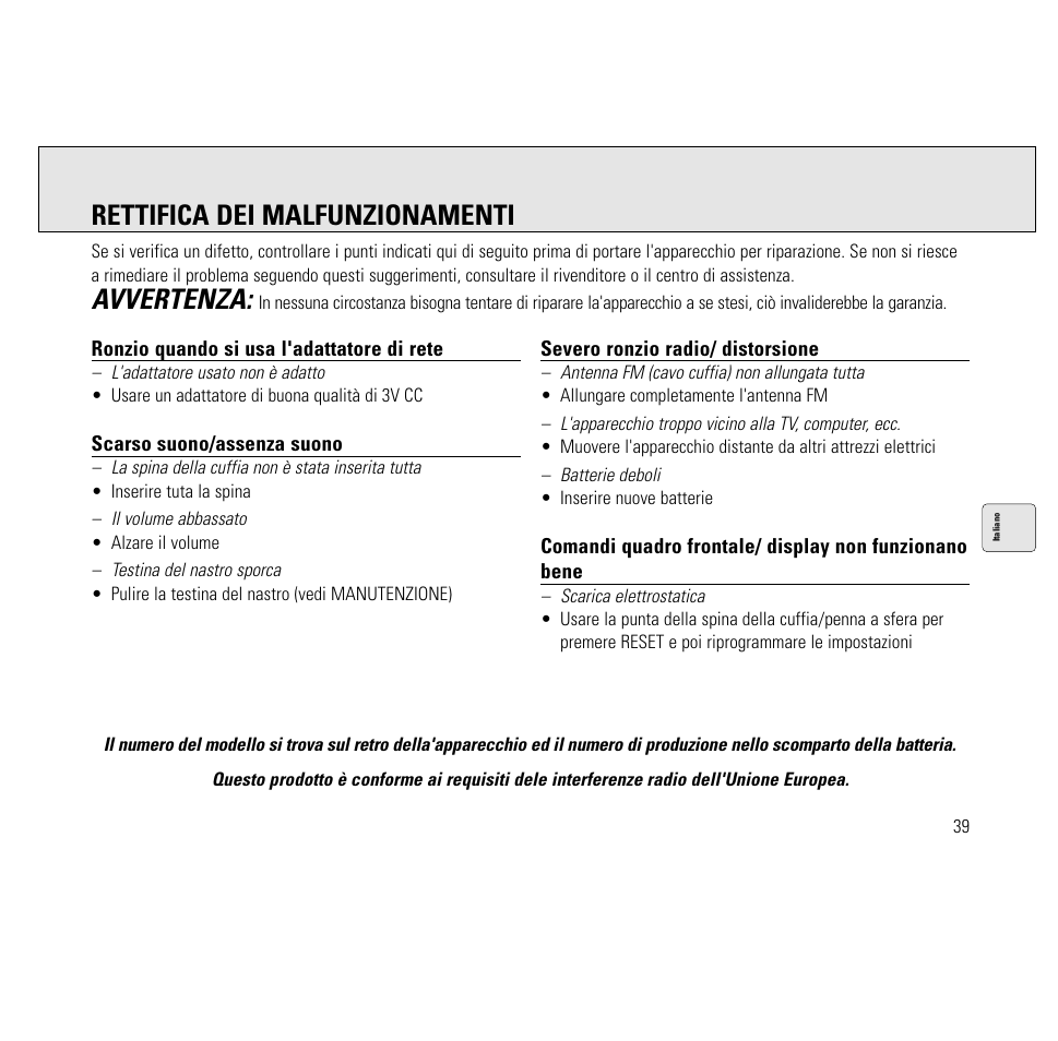 Avvertenza, Rettifica dei malfunzionamenti | Philips AQ6691/00 User Manual | Page 39 / 71