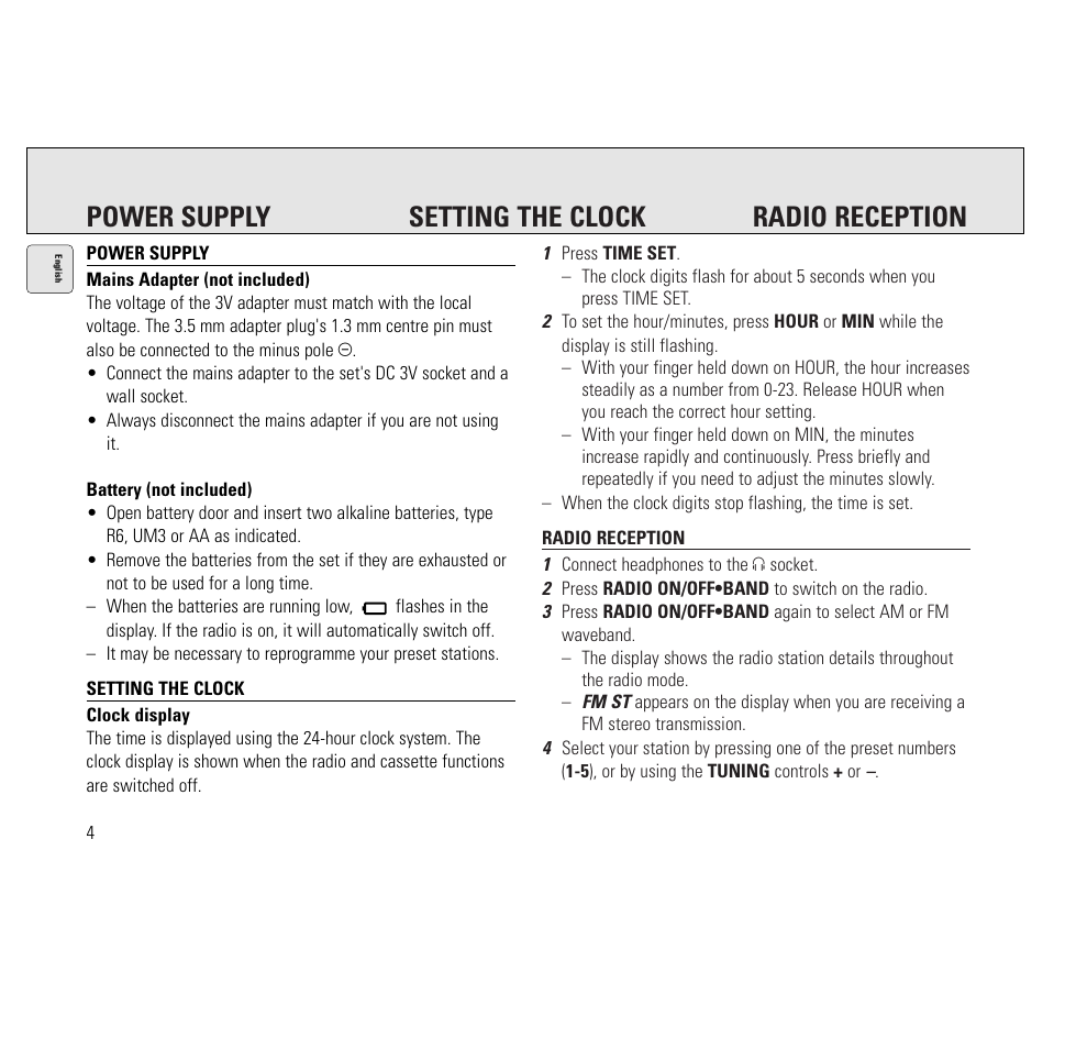 Power supply setting the clock radio reception | Philips AQ6691/00 User Manual | Page 4 / 71