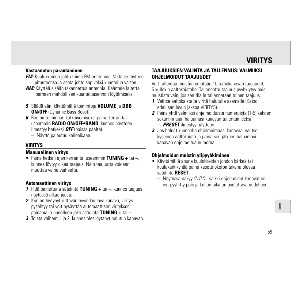 Viritys | Philips AQ6691/00 User Manual | Page 59 / 71