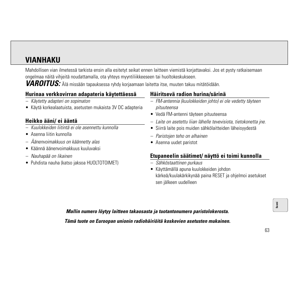 Varoitus, Vianhaku | Philips AQ6691/00 User Manual | Page 63 / 71