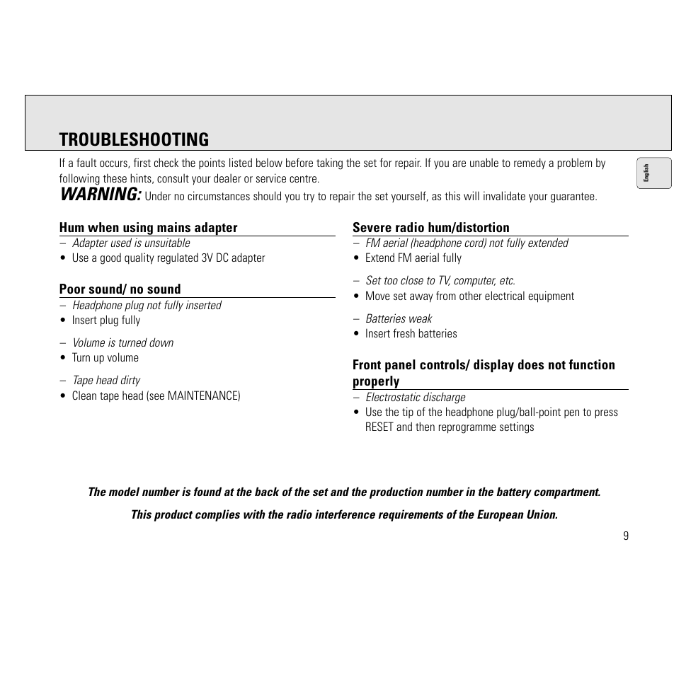 Troubleshooting, Warning | Philips AQ6691/00 User Manual | Page 9 / 71