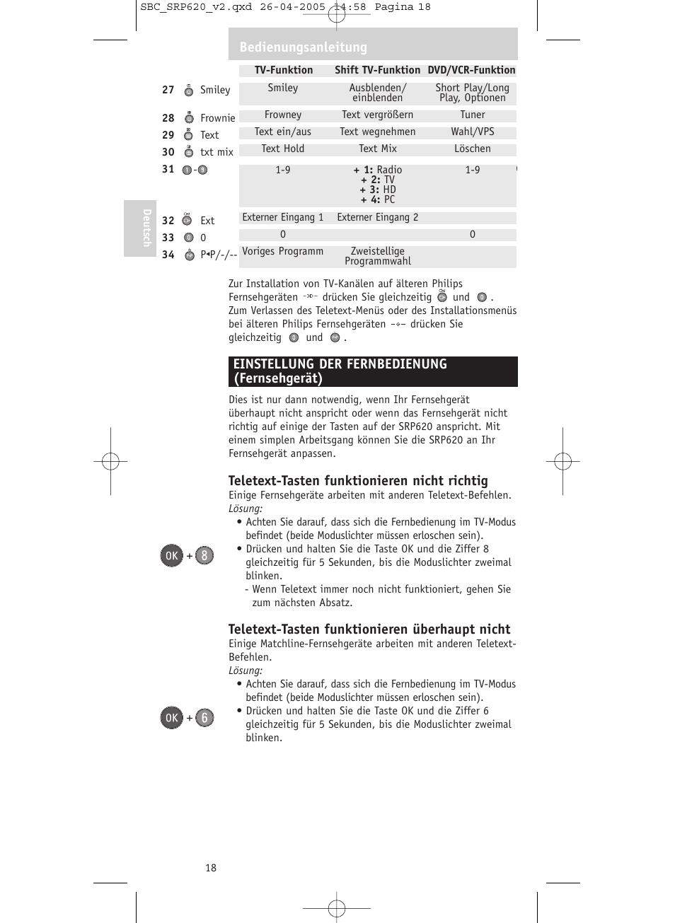 Einstellung der fernbedienung (fernsehgerät), Teletext-tasten funktionieren nicht richtig, Teletext-tasten funktionieren überhaupt nicht | Bedienungsanleitung | Philips SRP620 User Manual | Page 18 / 76