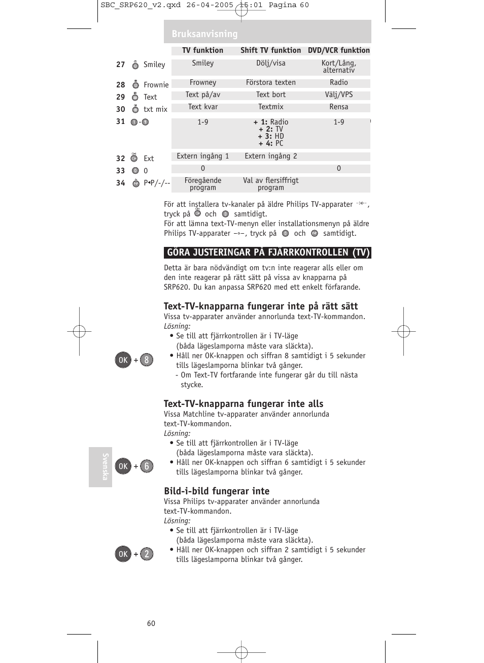 Göra justeringar på fjärrkontrollen (tv), Text-tv-knapparna fungerar inte på rätt sätt, Text-tv-knapparna fungerar inte alls | Bild-i-bild fungerar inte, Bruksanvisning | Philips SRP620 User Manual | Page 60 / 76