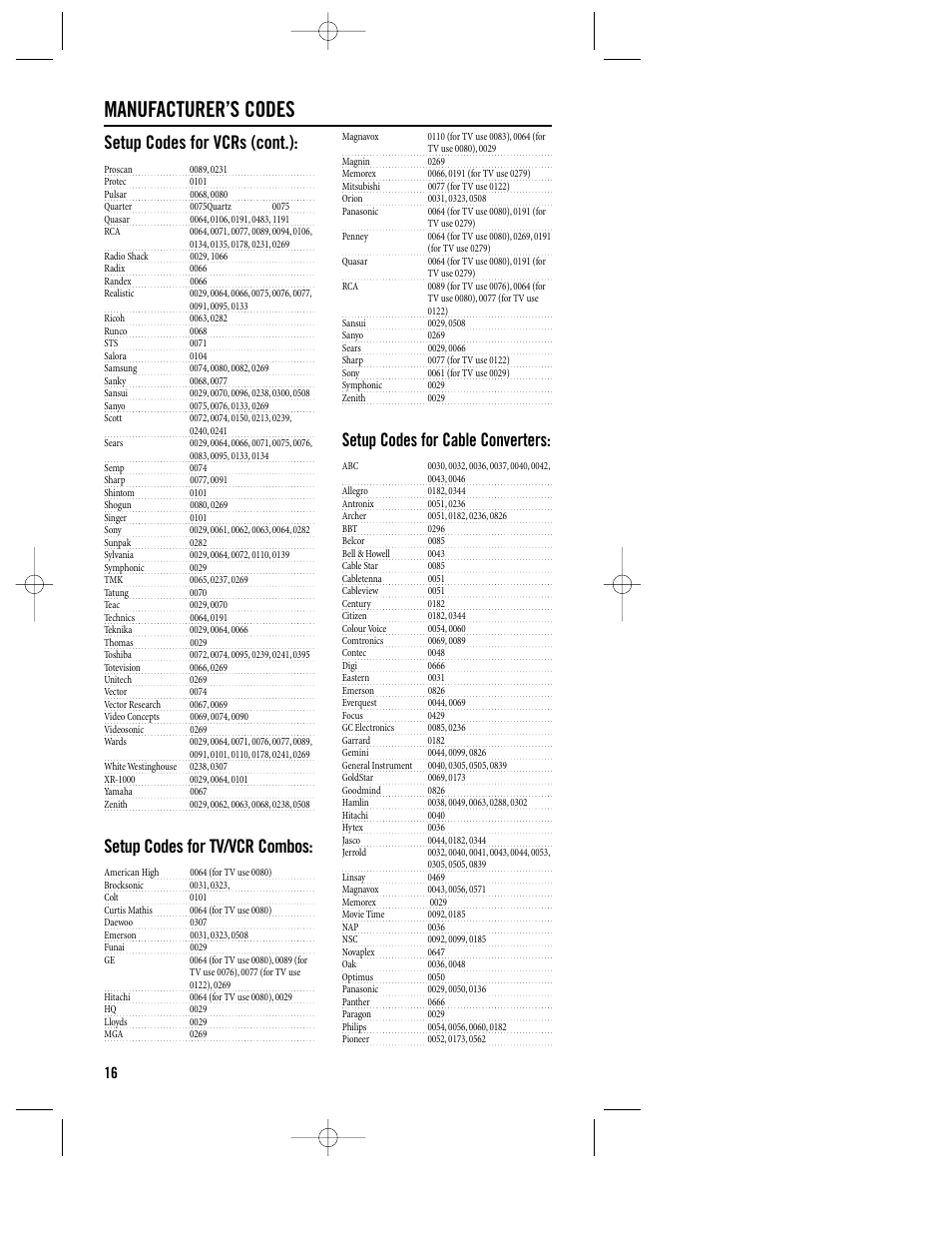 Manufacturer’s codes, Setup codes for vcrs (cont.), Setup codes for tv/vcr combos | Setup codes for cable converters | Philips REM380 User Manual | Page 16 / 19