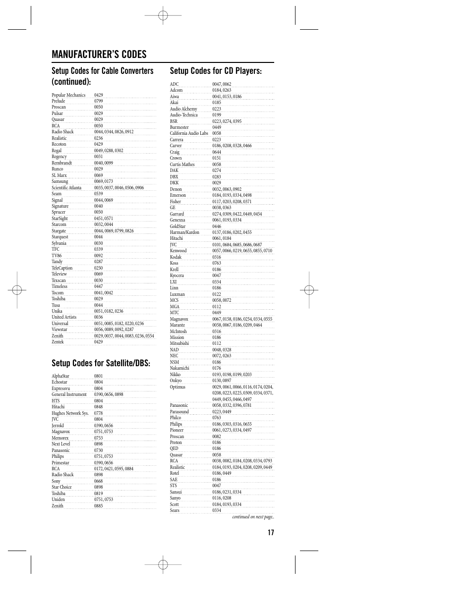 Manufacturer’s codes, Setup codes for cable converters (continued), Setup codes for satellite/dbs | Setup codes for cd players | Philips REM380 User Manual | Page 17 / 19