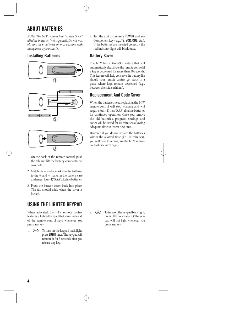 About batteries, 12 3 using the lighted keypad | Philips REM380 User Manual | Page 4 / 19