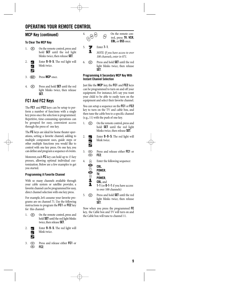 Operating your remote control, Mcp key (continued), Fc1 and fc2 keys | Philips REM380 User Manual | Page 9 / 19