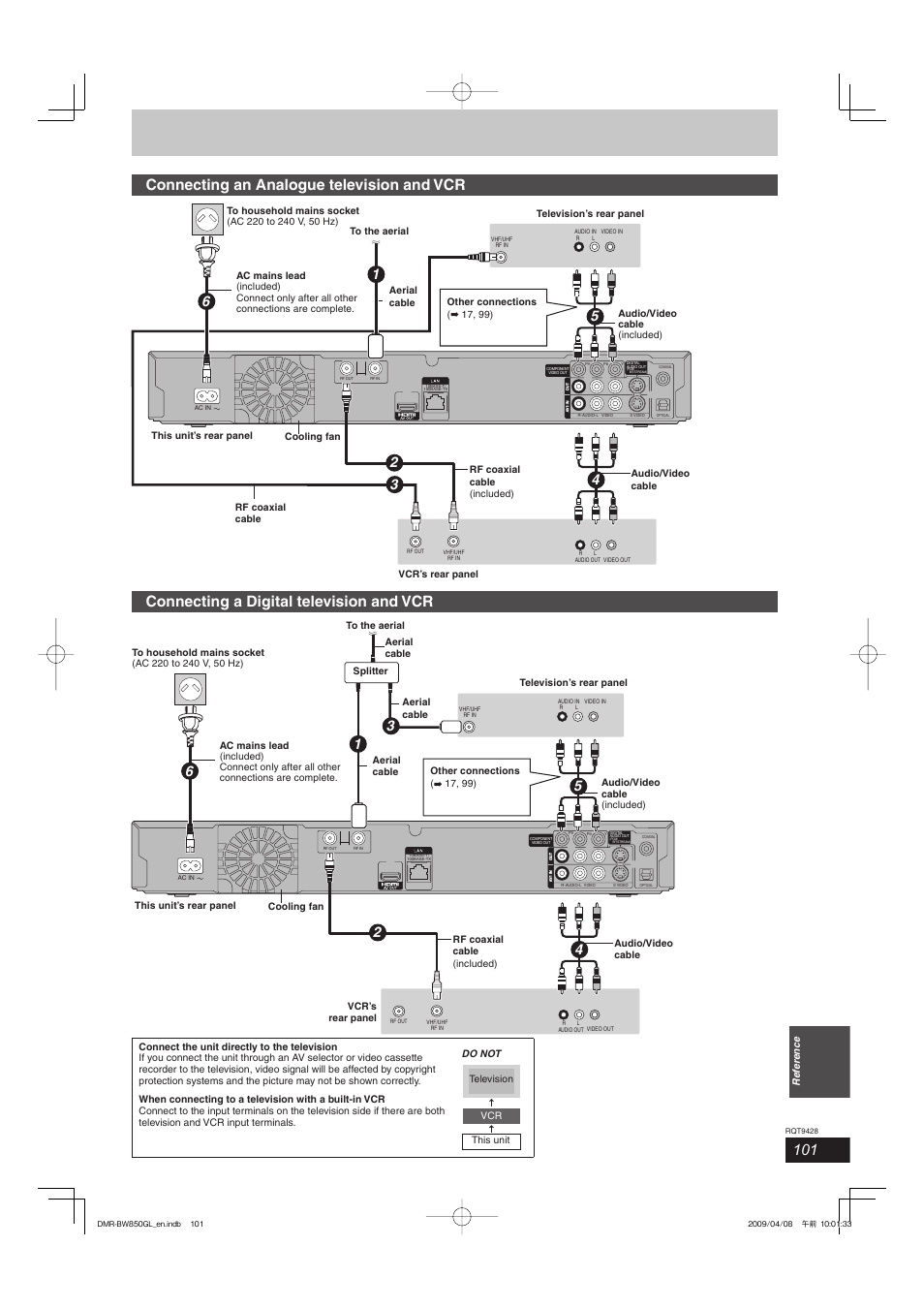 Connecting an analogue television and vcr, Connecting a digital television and vcr | Philips DIGA DMR-BW750 User Manual | Page 101 / 124