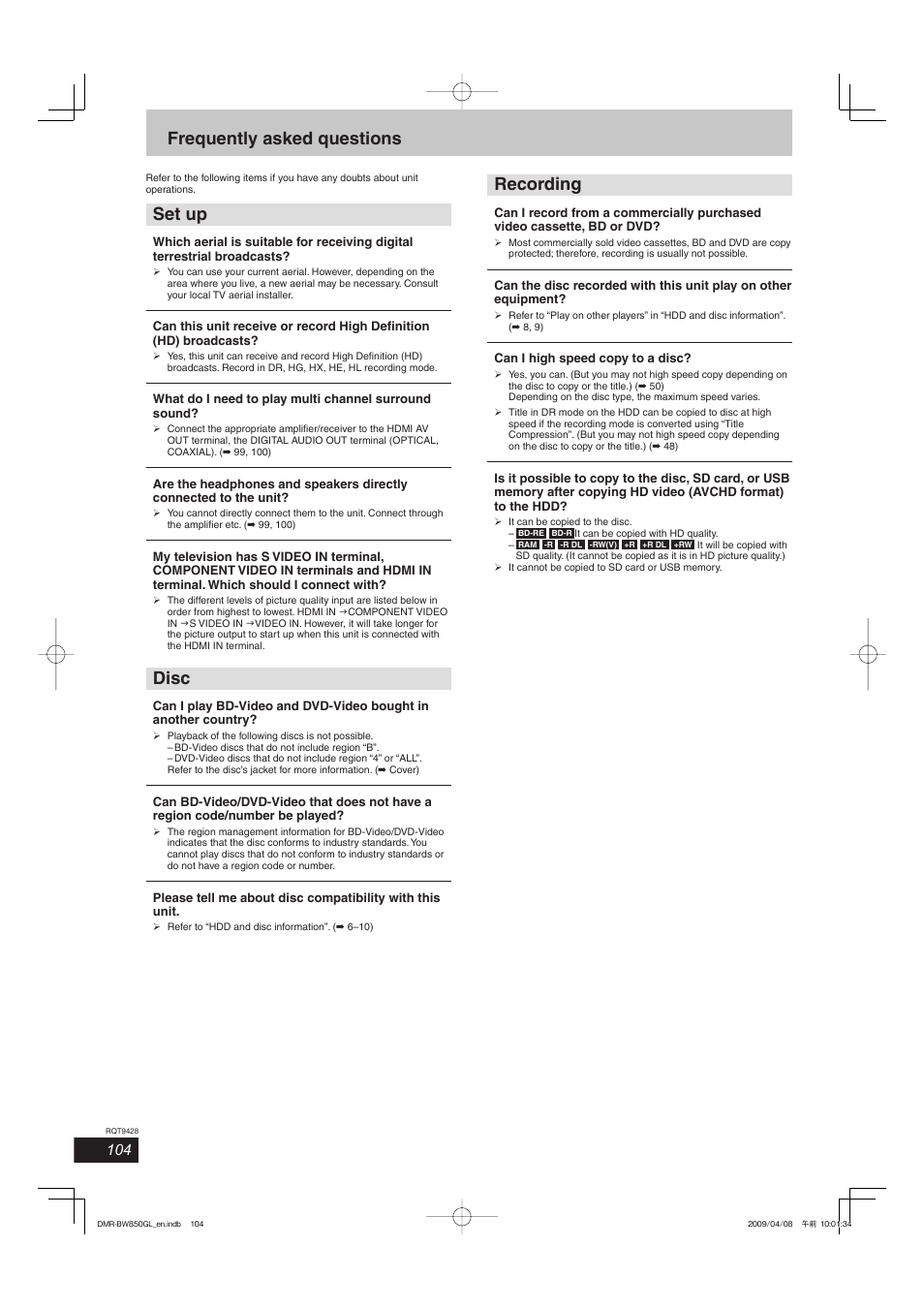 Frequently asked questions, Set up, Disc | Recording | Philips DIGA DMR-BW750 User Manual | Page 104 / 124