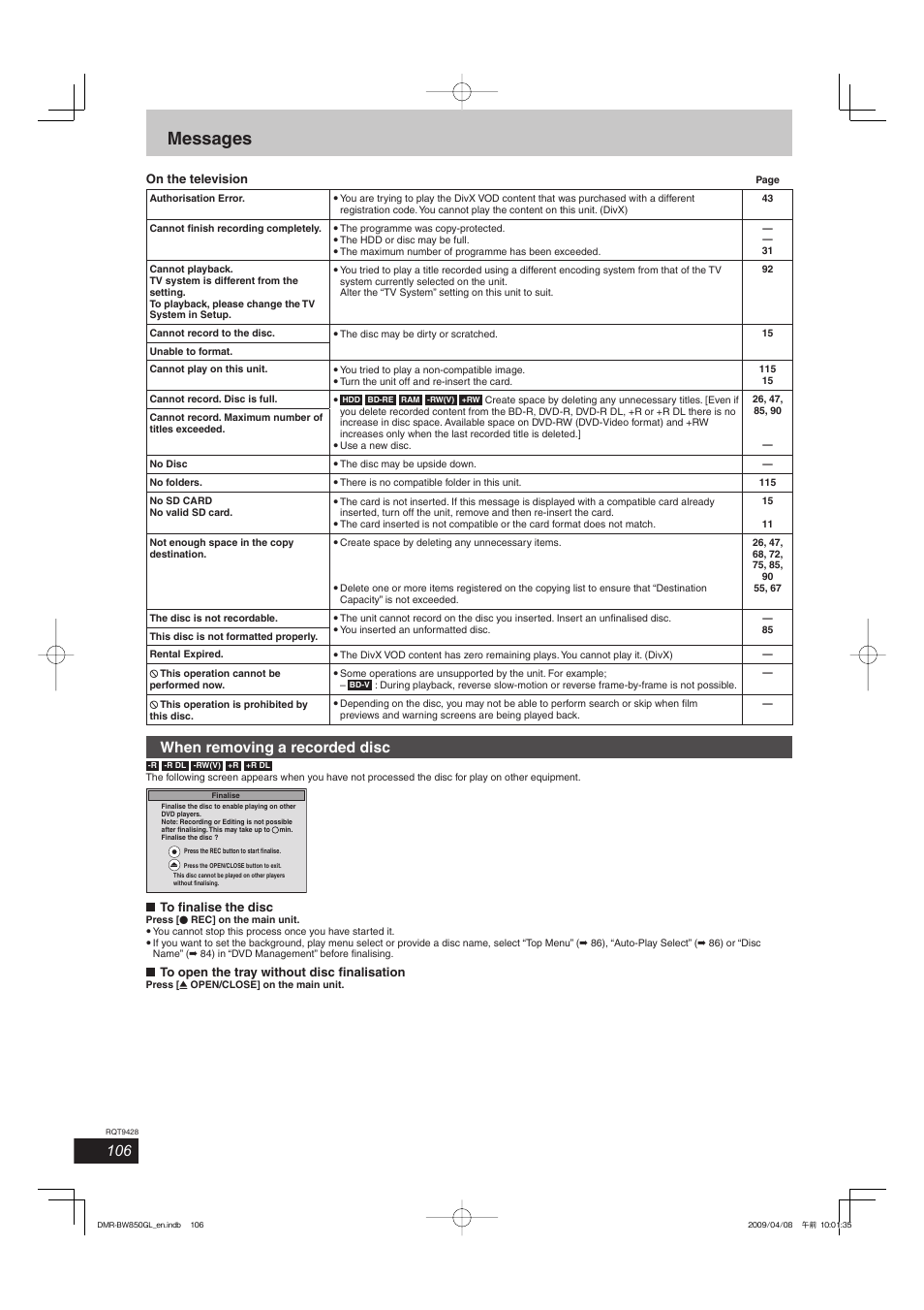 Messages, When removing a recorded disc | Philips DIGA DMR-BW750 User Manual | Page 106 / 124