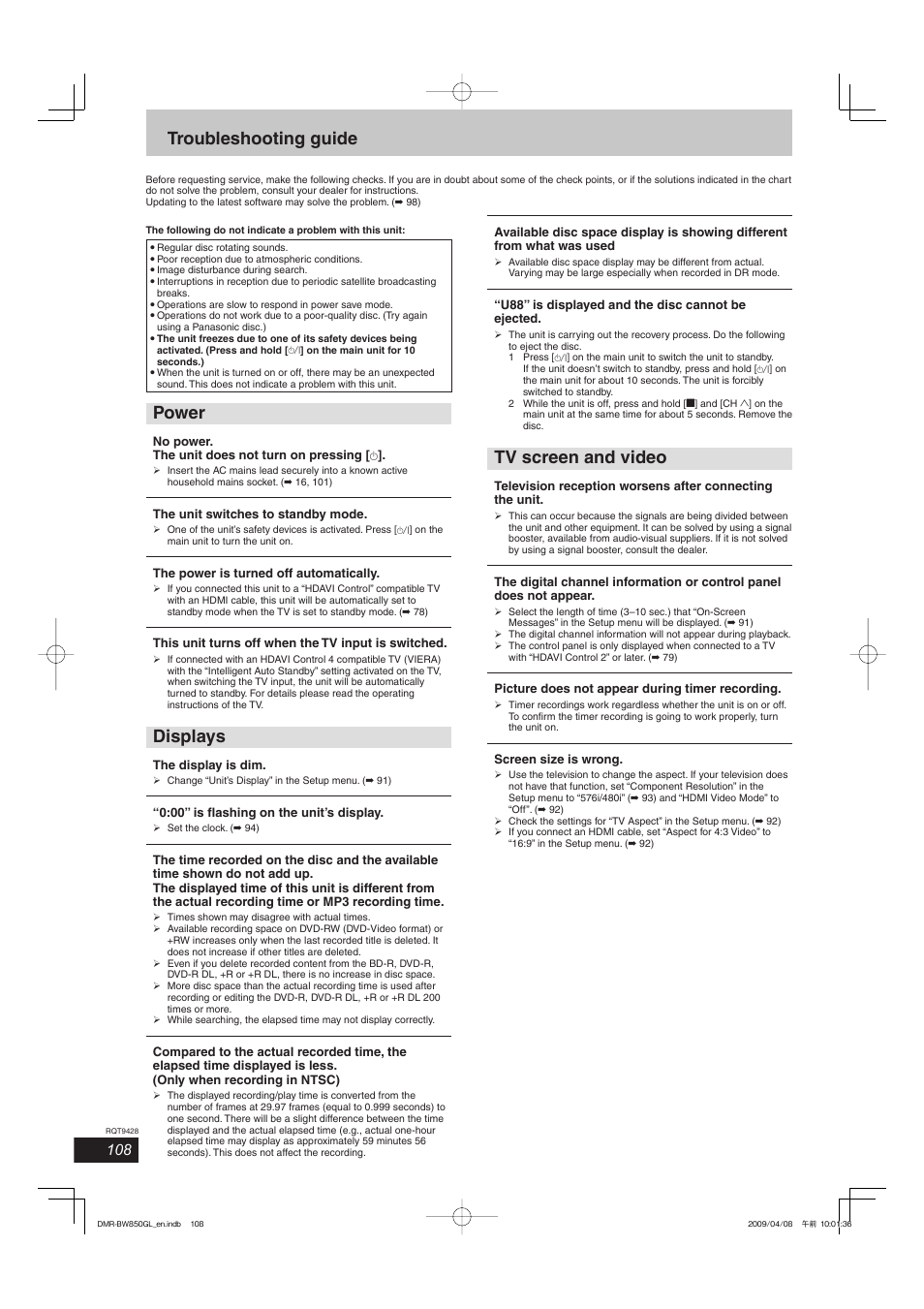 Troubleshooting guide, Power, Displays | Tv screen and video | Philips DIGA DMR-BW750 User Manual | Page 108 / 124