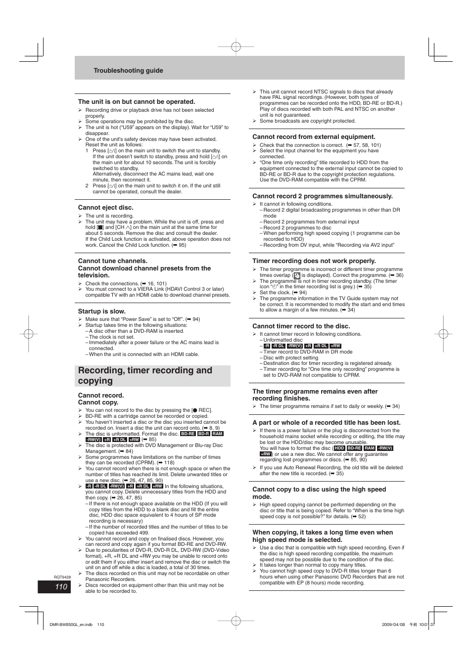 Recording, timer recording and copying | Philips DIGA DMR-BW750 User Manual | Page 110 / 124