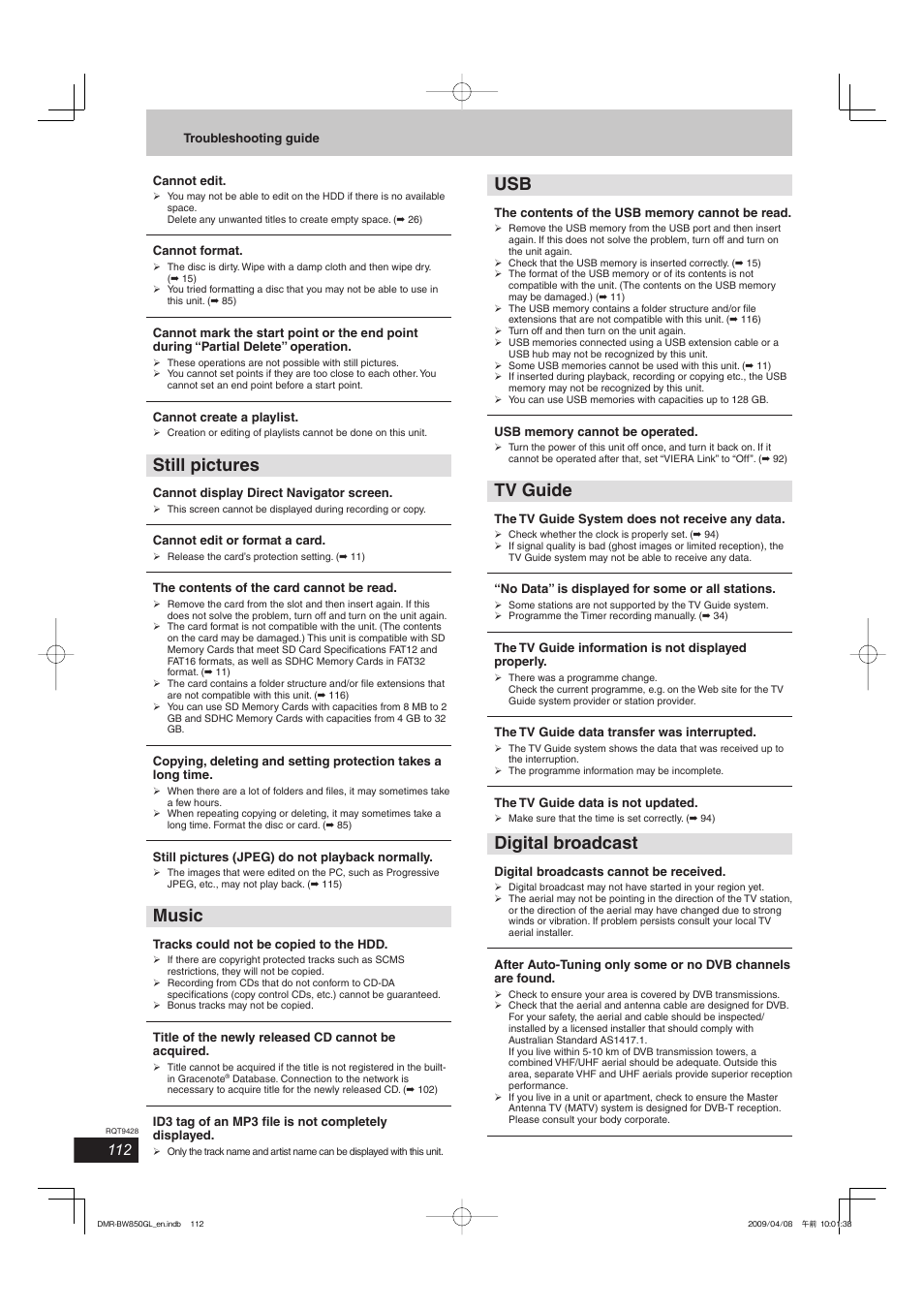 Still pictures, Music, Tv guide | Digital broadcast | Philips DIGA DMR-BW750 User Manual | Page 112 / 124
