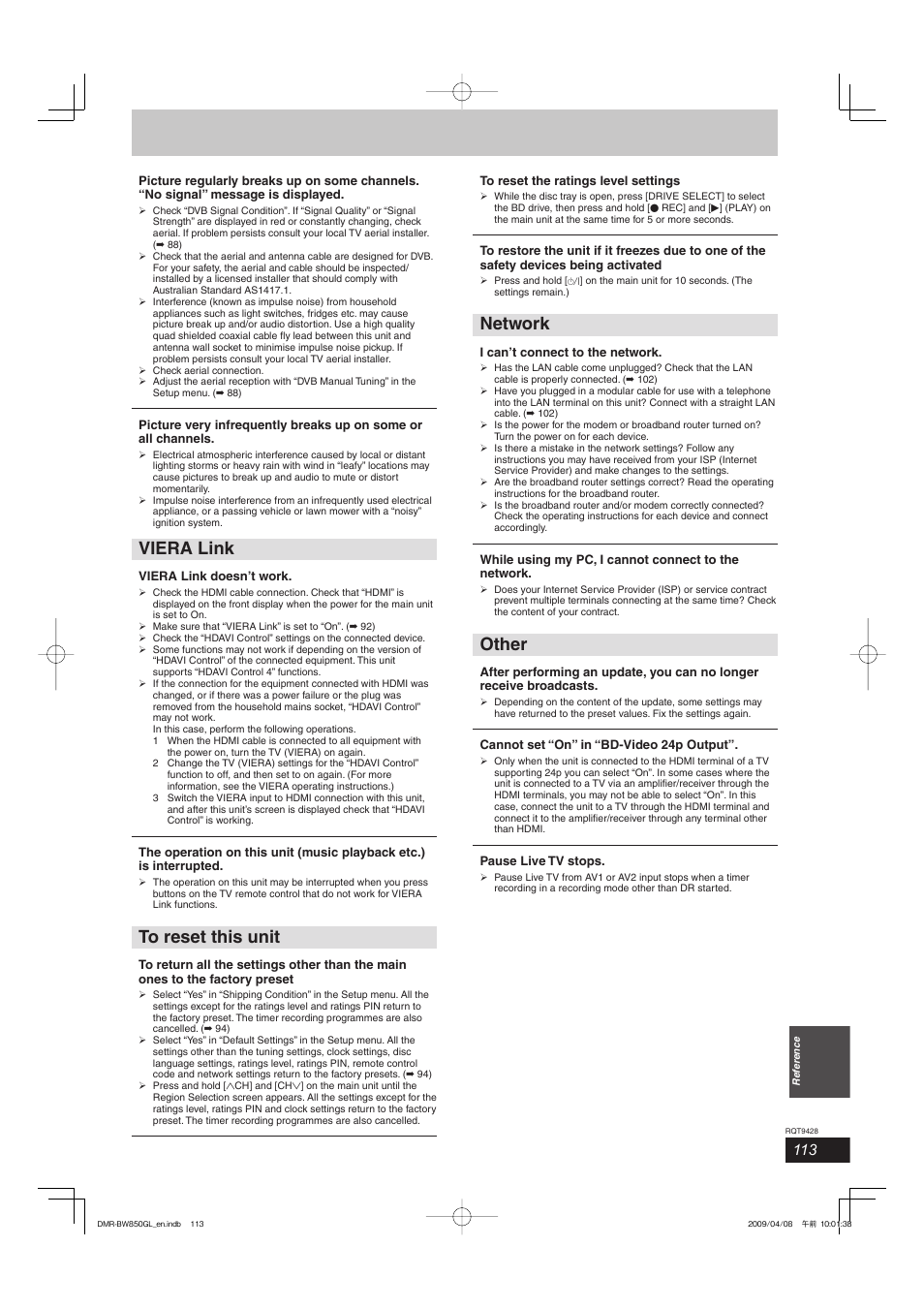 Viera link, Network, Other | Philips DIGA DMR-BW750 User Manual | Page 113 / 124
