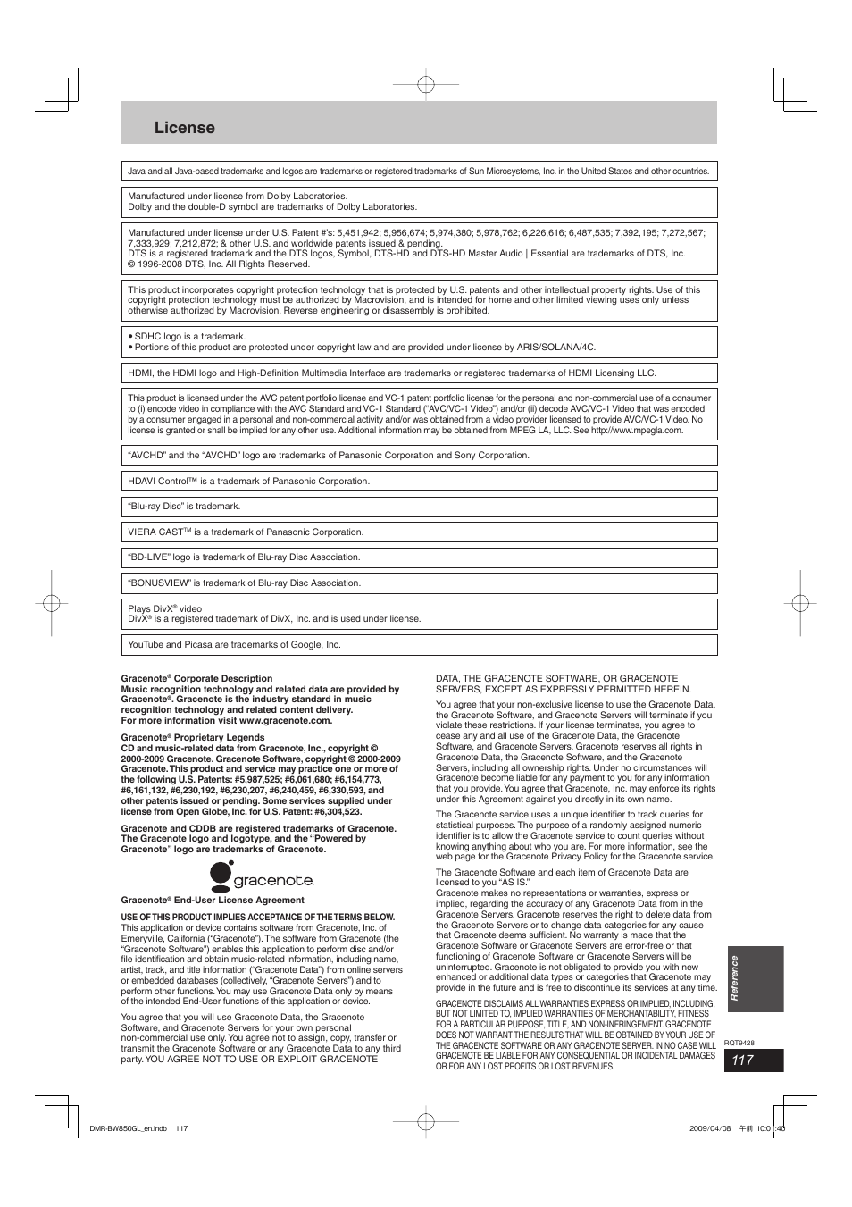 License | Philips DIGA DMR-BW750 User Manual | Page 117 / 124