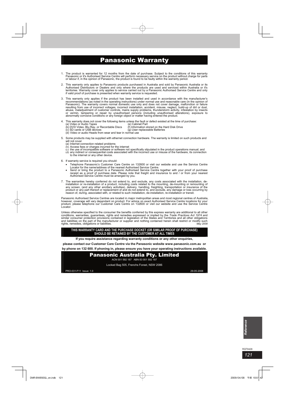 Panasonic warranty, Panasonic australia pty. limited | Philips DIGA DMR-BW750 User Manual | Page 121 / 124