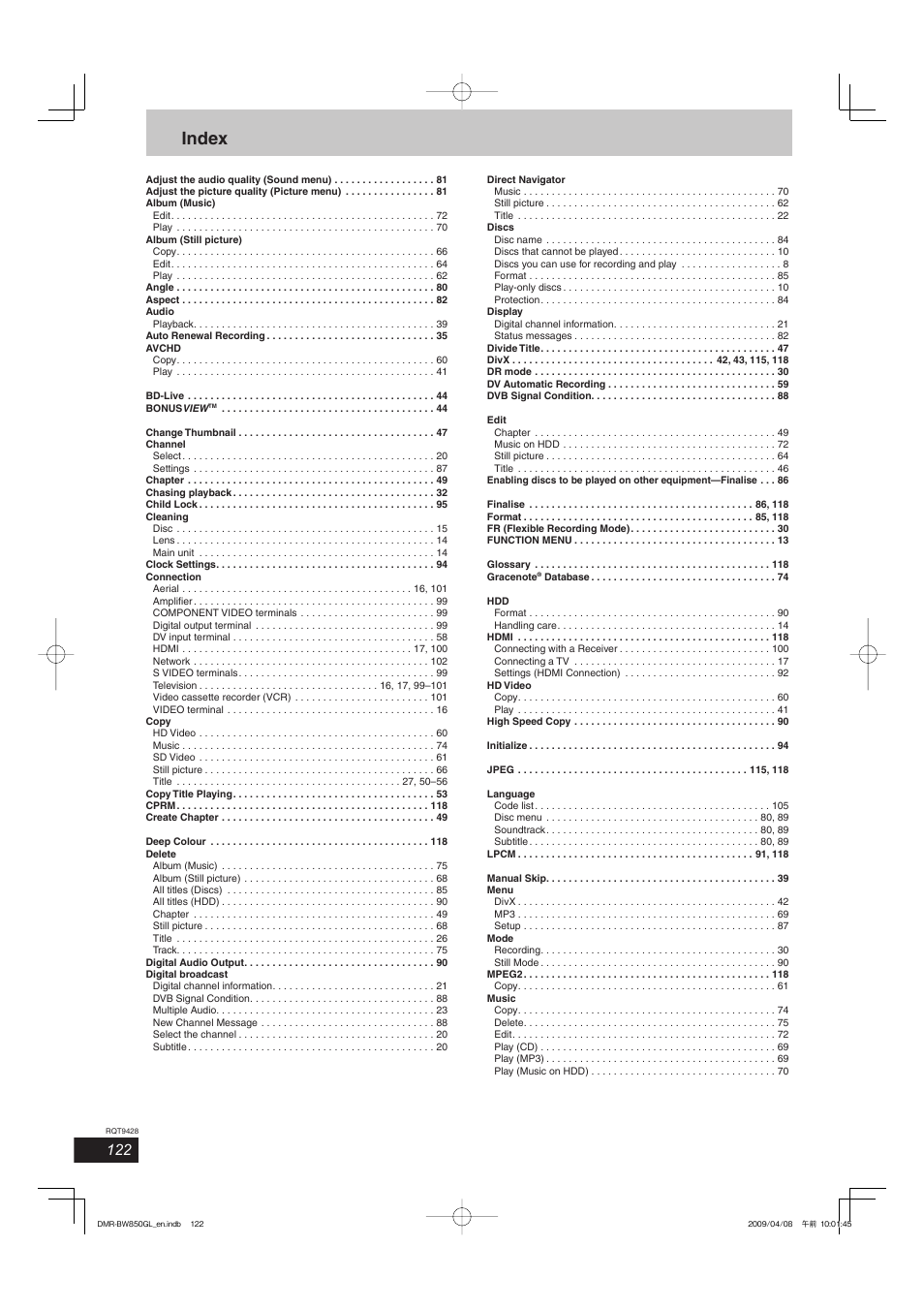 Index | Philips DIGA DMR-BW750 User Manual | Page 122 / 124
