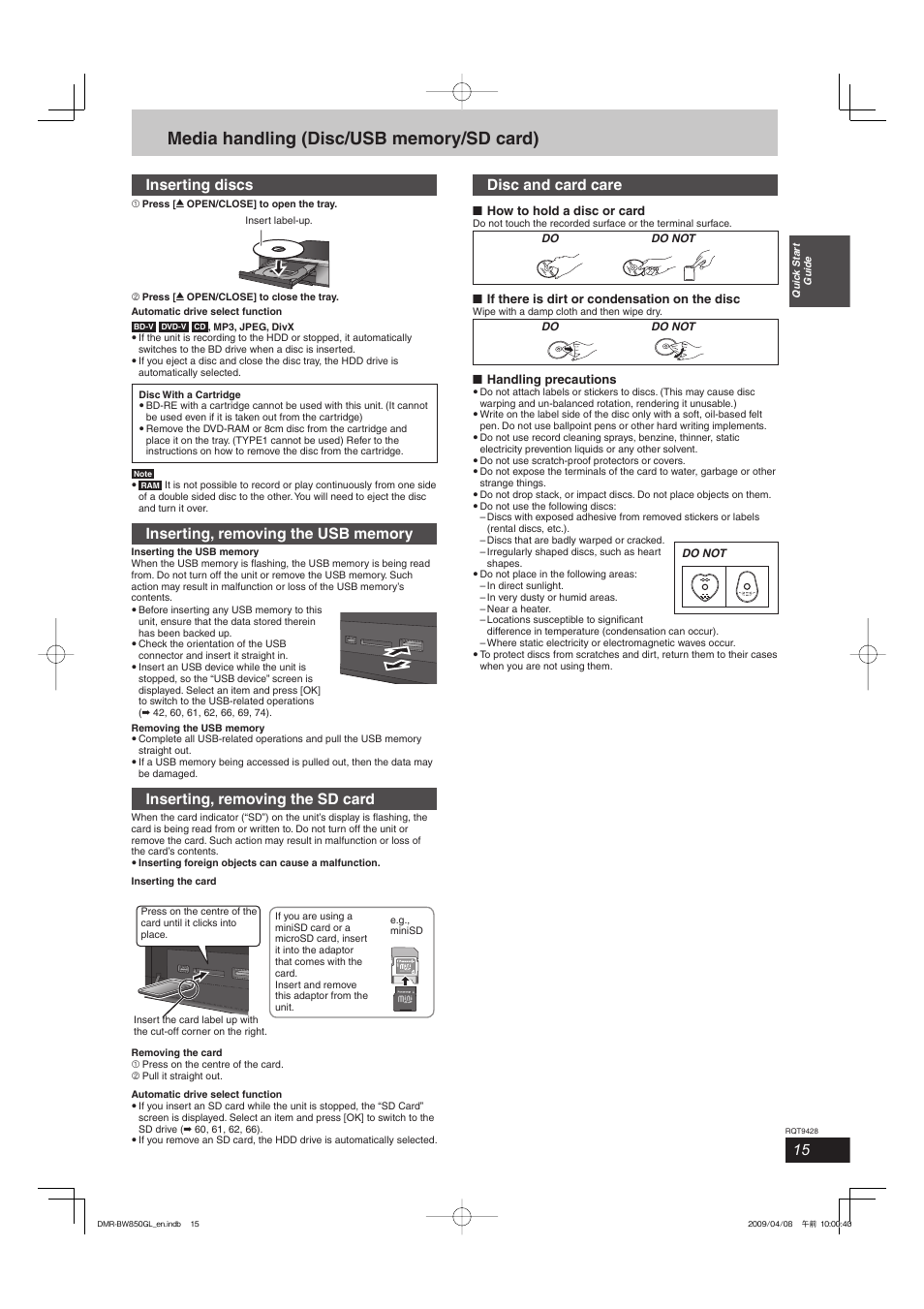 Inserting discs, Inserting, removing the sd card, Disc and card care | Philips DIGA DMR-BW750 User Manual | Page 15 / 124